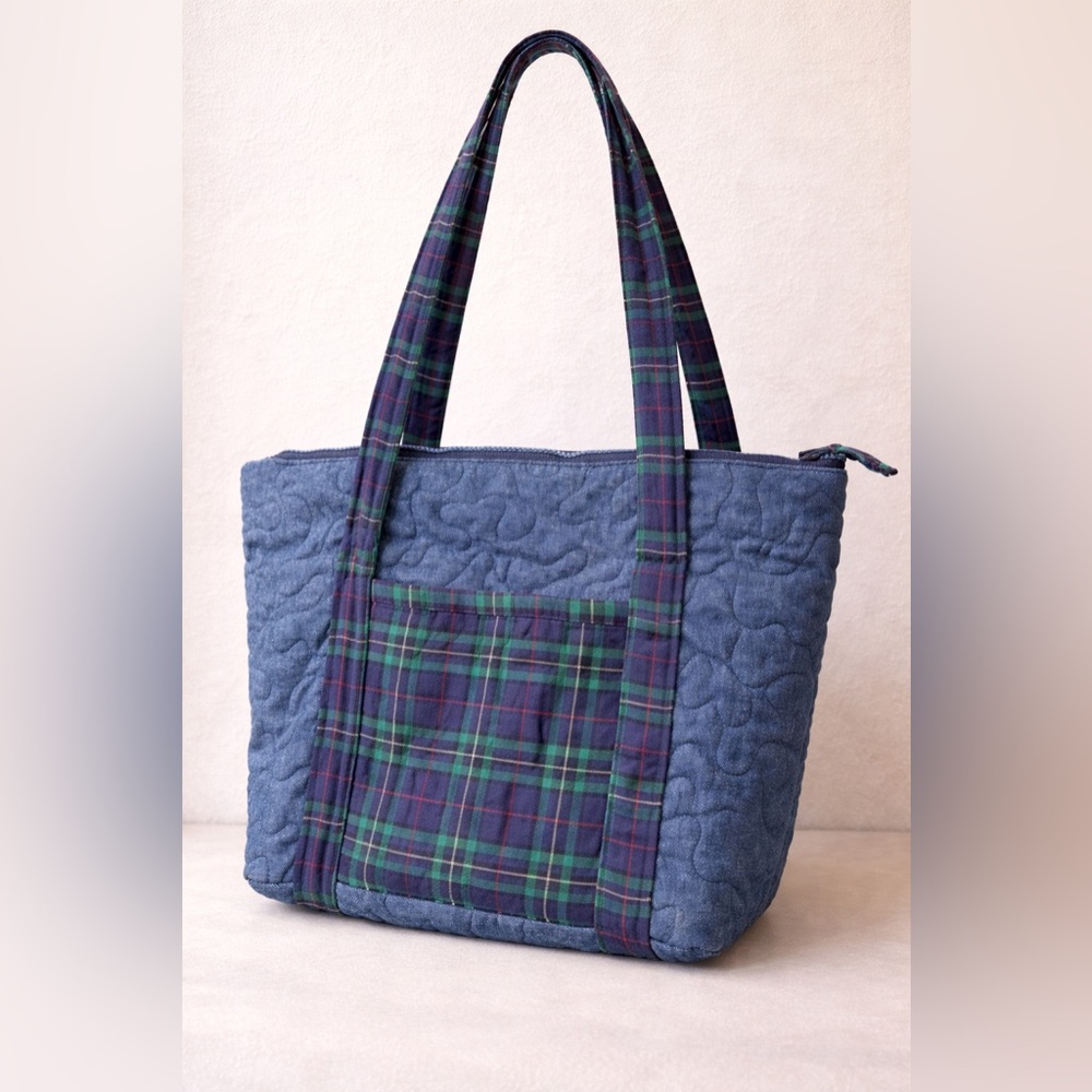 Handmade Quilted Plaid Tote Bag Blue Patchwork Fabric Shoulder Bag Cottagecore